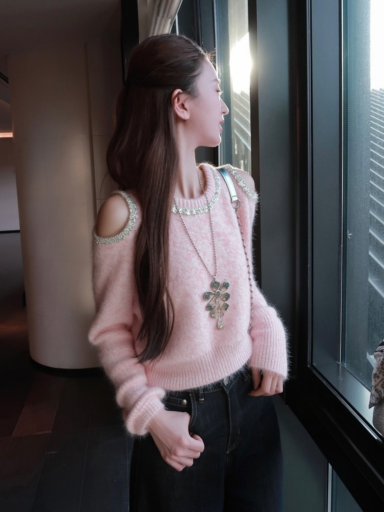 高级感气质百搭粉色毛衣女2025秋冬新款韩系设计感甜美减龄针织衫