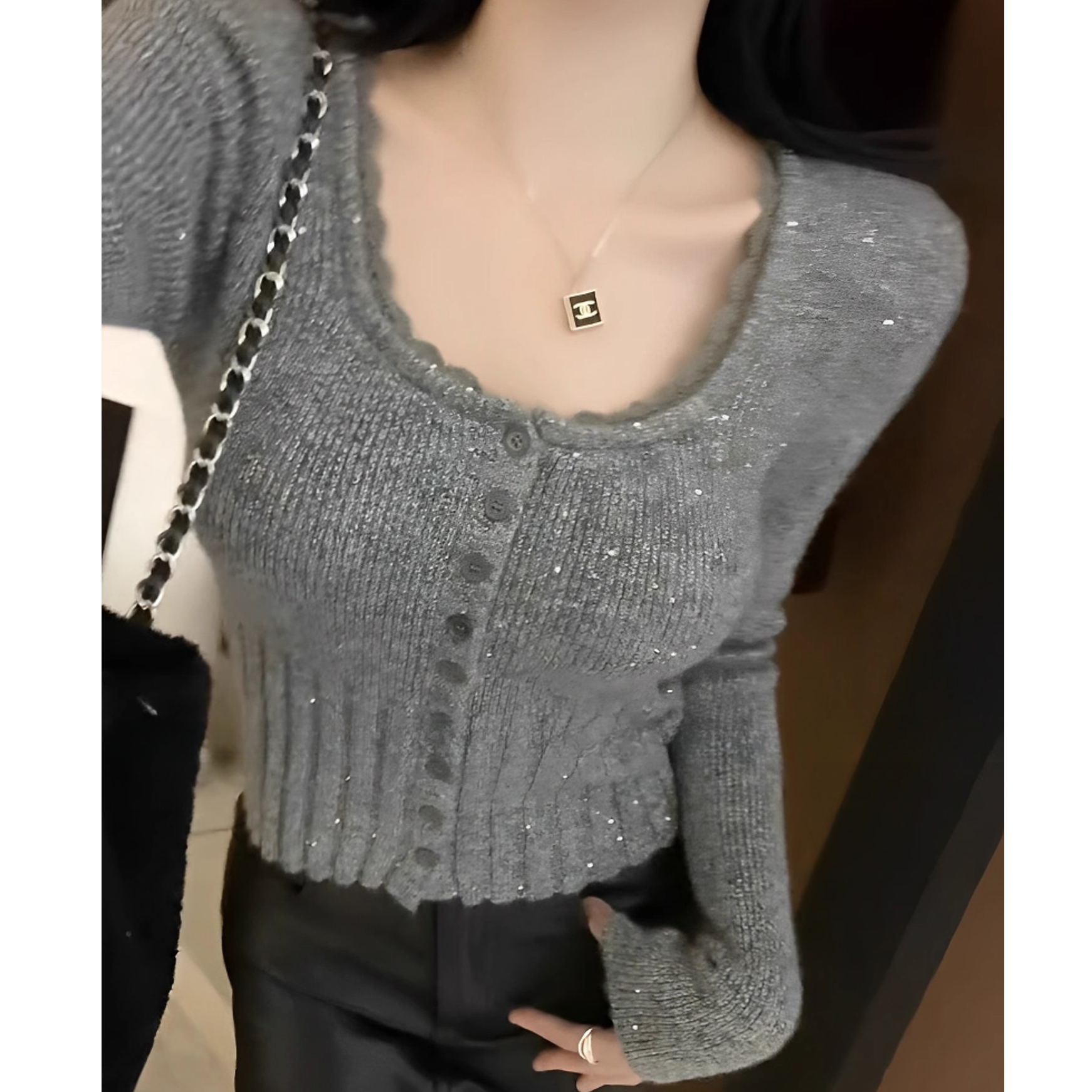 辣妹纯欲风花边方领灰色紧身打底衫女新款内搭针织上衣W1-40