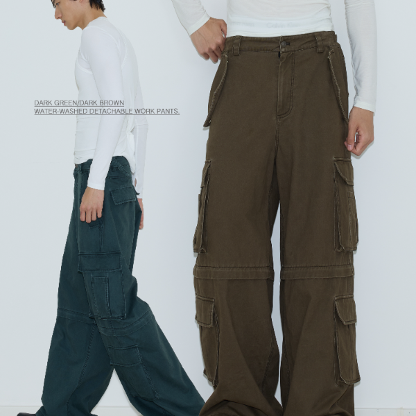 weave【新品】墨绿/深咖高密加厚细斜纹多口袋可拆卸工装裤阔腿长裤