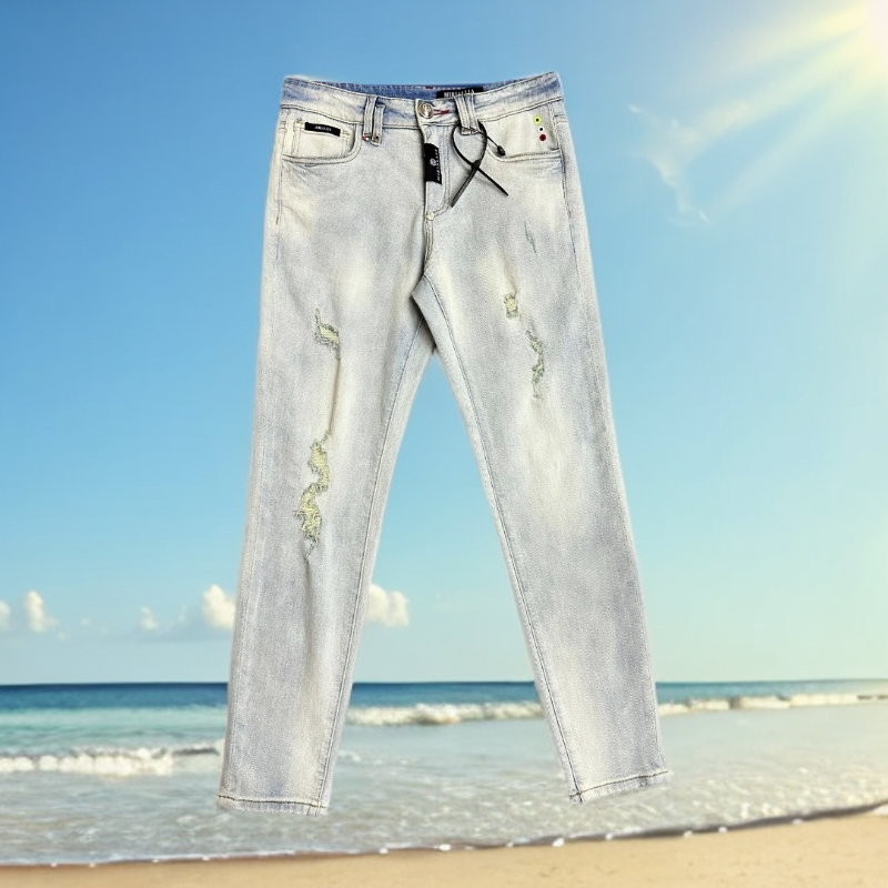 MIRIALLIA港风海盐蓝8806浅色潮流牛仔裤男士修身破洞男牛仔裤子