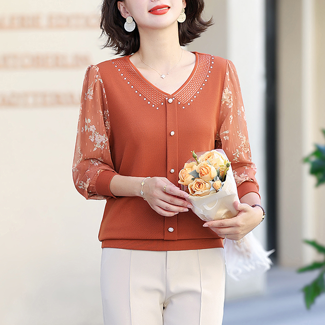 中年妈妈秋装针织衫2025新款洋气中老年女装春秋纱袖T恤打底上衣