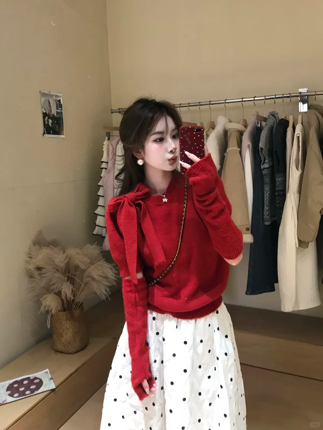 2026秋冬新款韩系新年穿搭红色袖套毛衣女波点夹棉半身裙两件套女
