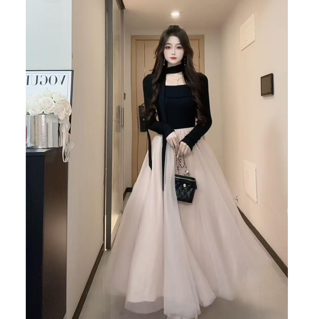 干枯玫瑰韩系高智感法式千金感撞色拼接收腰长袖连衣裙女秋冬季