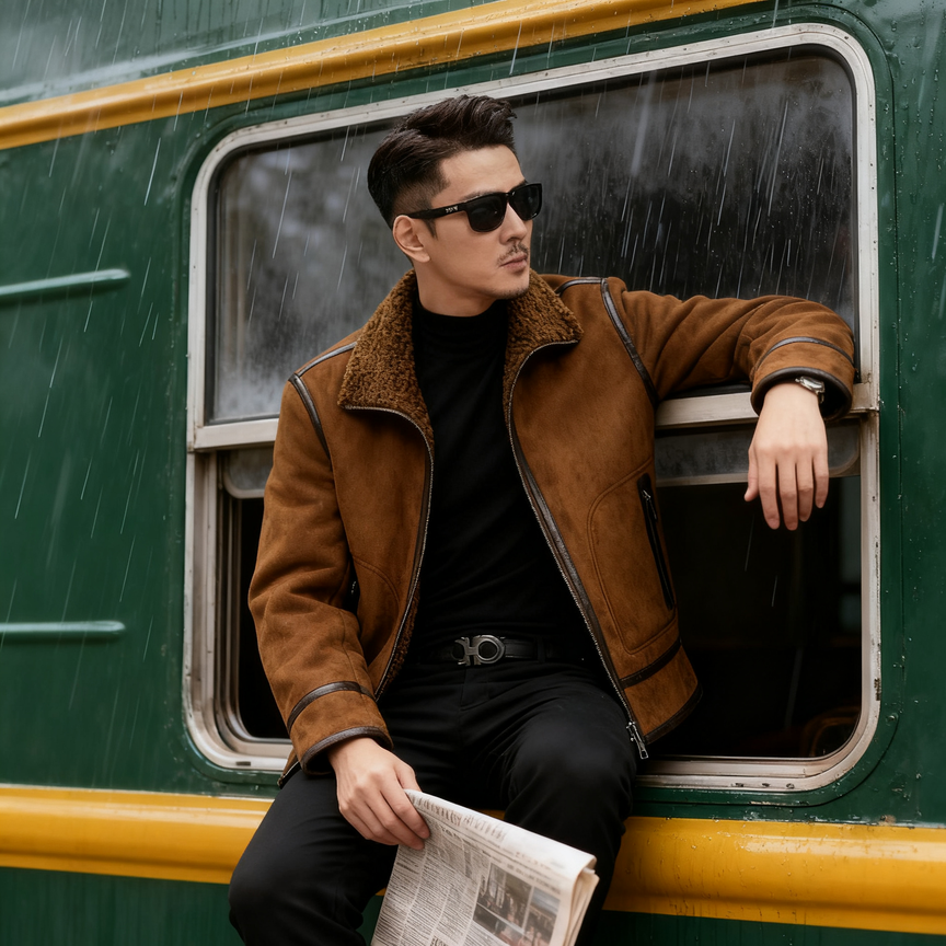 2025年新款男士皮毛一体夹克外套冬季时尚休闲精品百搭帅气立领穿