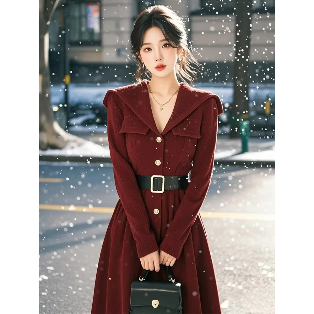 4121酒红色连帽灯芯绒连衣裙秋冬千金感穿搭漂亮独特御姐中长款裙