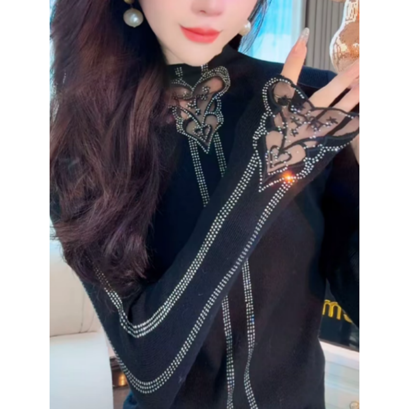 高级感重工烫钻镂空半高领针织衫女25冬季新款时尚修身打底衫毛衣