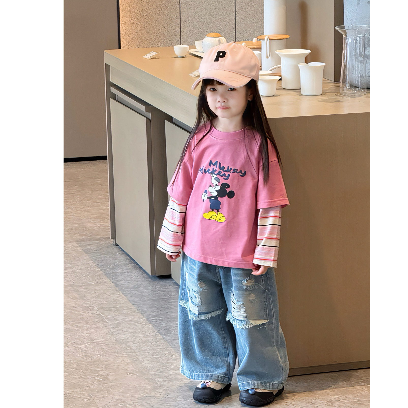 壹妈韩版童装女童早秋套装洋气儿童粉色米奇假两件t恤破洞牛仔裤