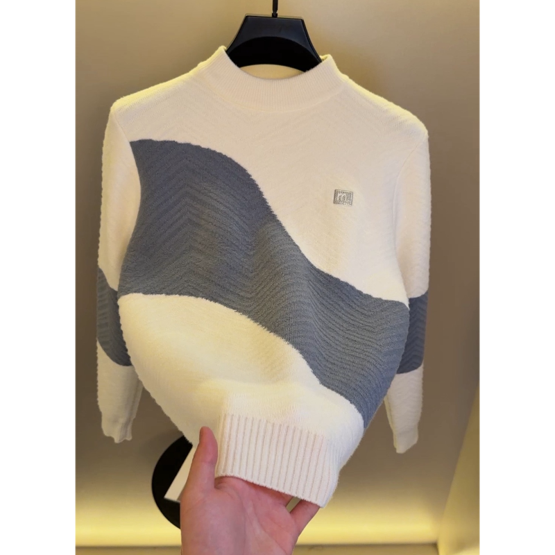 高档半高领提花毛衣男士冬季时尚加厚保暖针织衫打底衫男装9266