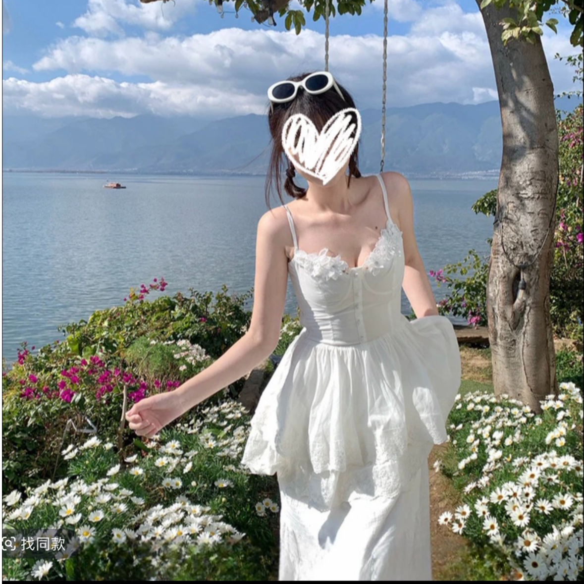 2025年纯欲度假风甜美花边吊带上衣设计感高腰长款半身裙女两件套