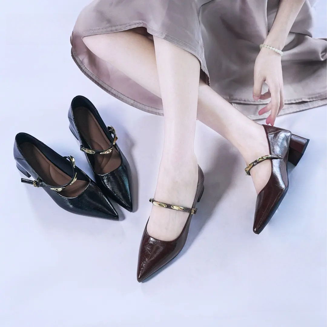 读媄5厘米【小金条ultra】秋季新款护趾棉玛丽珍粗跟高跟鞋2566-6