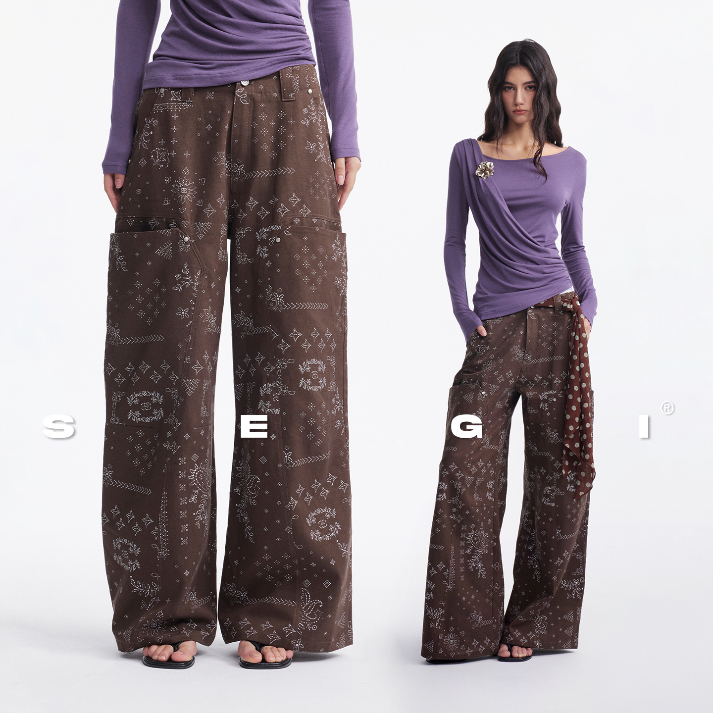 希林娜依高同款 SEGI 原创设计新款碎花阔腿伐木工装裤女休闲裤