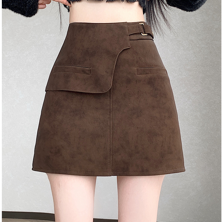 韩版咖色假两件不规则短裙设计感高腰显瘦百搭洋气PU皮A字半身裙