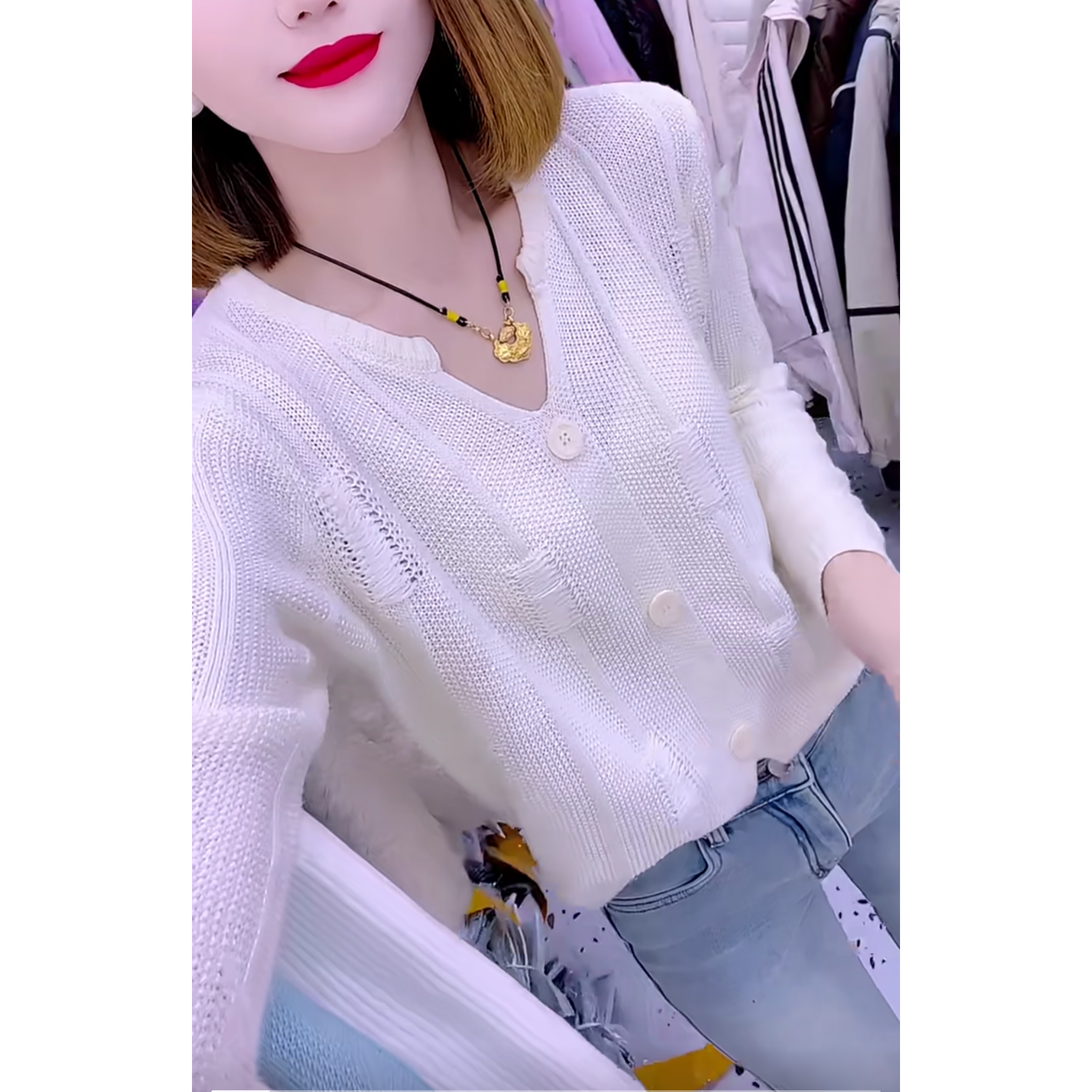 欧货V领纽扣开叉长袖针织衫女2025秋冬新款修身显瘦百搭洋气上衣