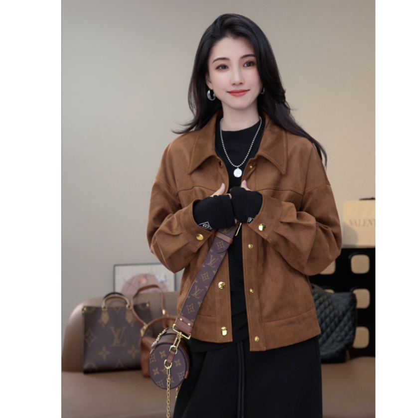 小乖逃琥珀流光复古老钱风金扣棕色外套金色咖色外套F99039