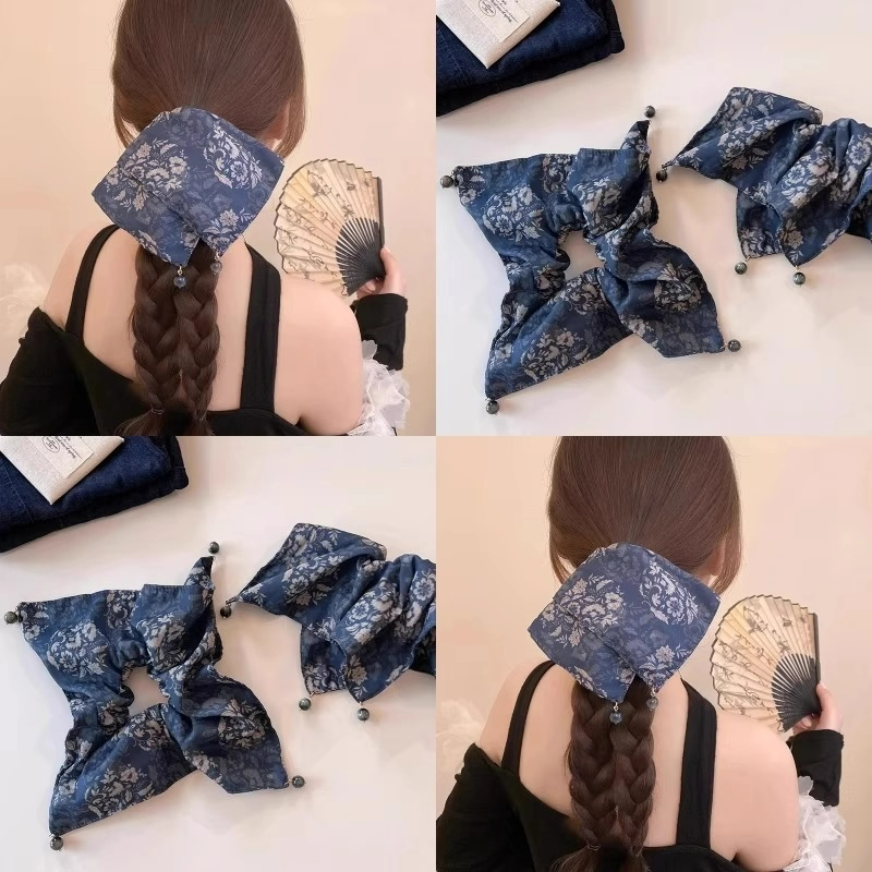 新中式藏蓝色大肠方巾发圈女新款高级感气质低马尾丸子头发绳发饰