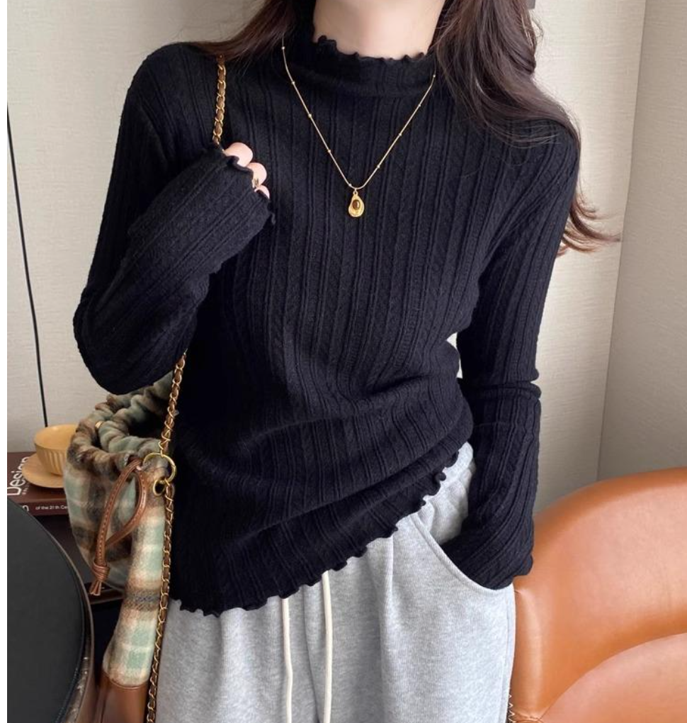 纹理感麻花毛衣女内搭秋冬软糯温柔风上衣木耳边半高领针织打底衫