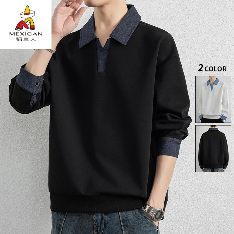 稻草人宽松长袖t恤春秋季宽松上衣撞色翻领卫衣男士美式潮流帅气