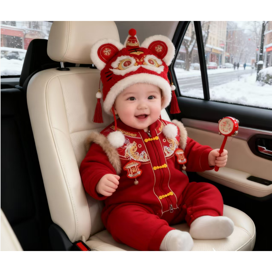 婴儿幼儿连体衣冬款带帽新年宝宝加厚衣服满月周岁礼服拜年喜庆服