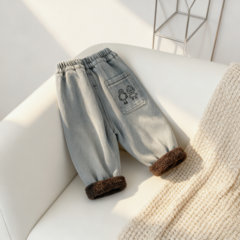 宝宝加厚一体绒保暖裤潮 儿童加绒冬季新款机器人刺绣牛仔裤