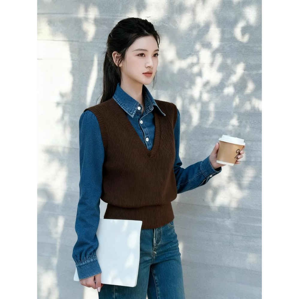 法式老钱风时尚超好看的针织拼接小衫简约休闲百搭牛仔假两件上衣