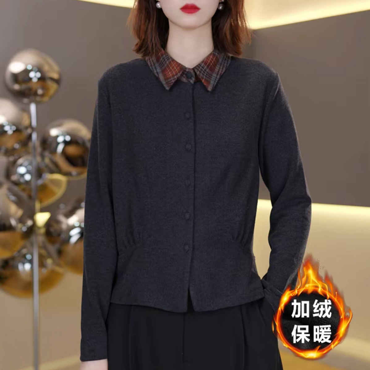 气质百搭假两件加绒长袖打底衬衫2025秋冬新款时尚内搭显瘦上衣