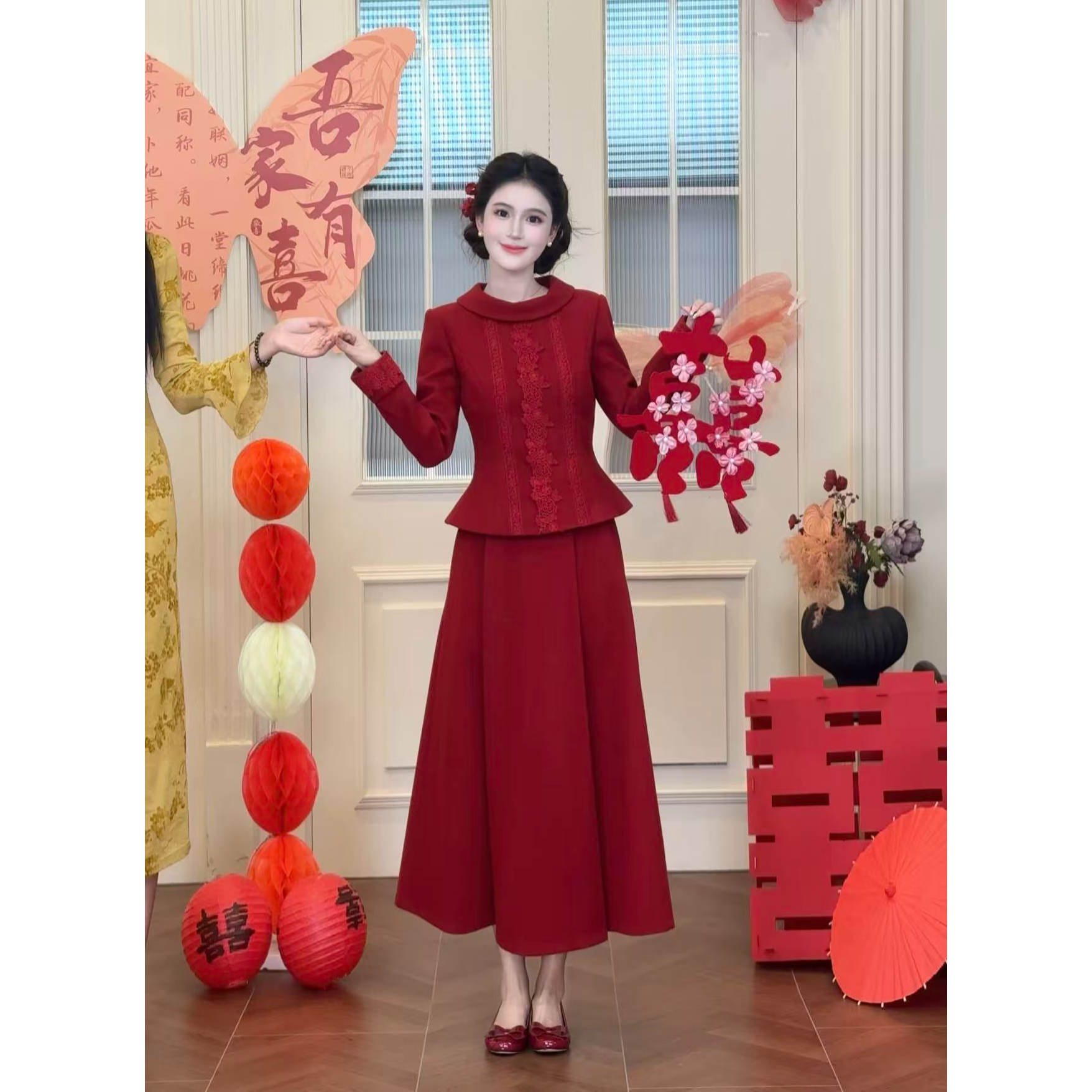 LiLi李李家【朱砂】法式高级感宫廷风订婚红色外套半裙套装XMZH9803