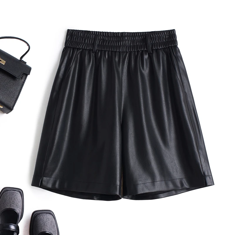 春秋新款2025海宁皮短裤女高腰宽松阔腿裤纯皮松紧腰靴裤HR-2381#