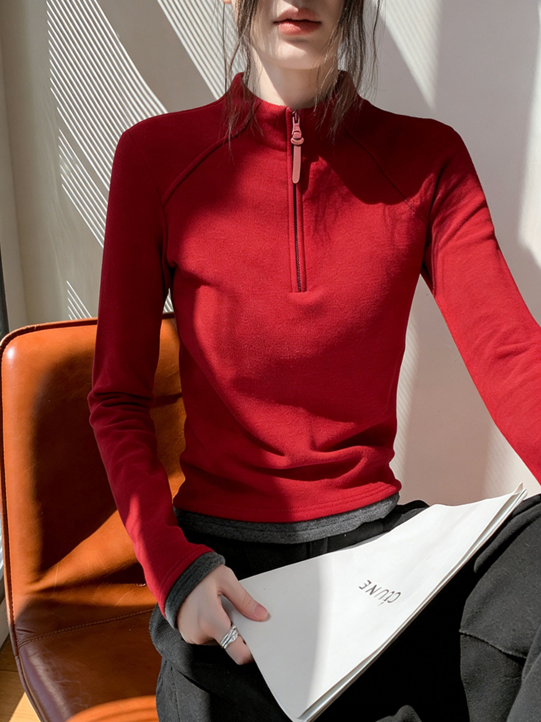 双面德绒半拉链打底衫女秋冬新款修身保暖外穿内搭长袖T恤上衣服