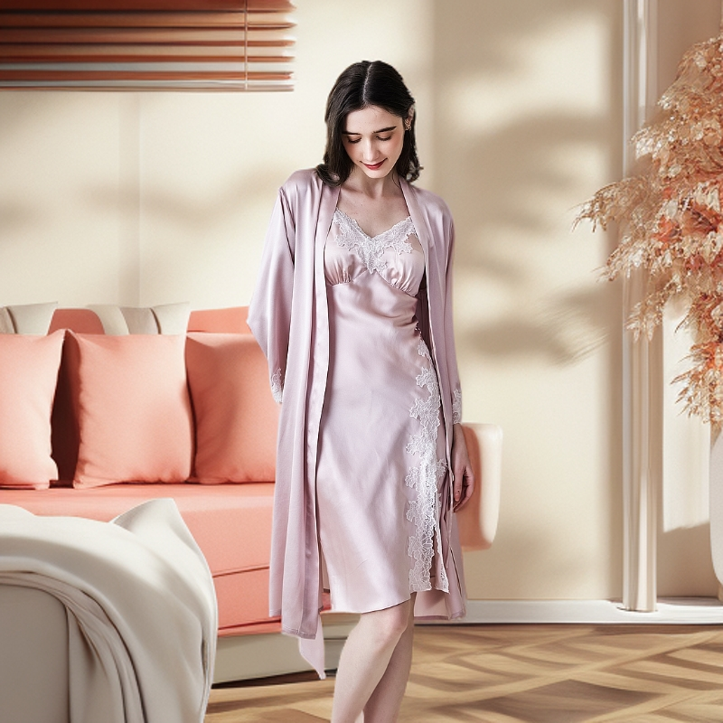 高端真丝轻奢睡衣套装100%桑蚕丝长袖家居服舒适简约蕾丝真丝睡衣