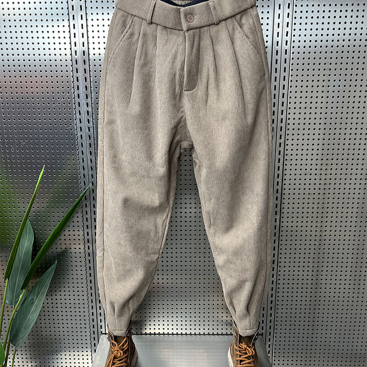 2025新款男裤秋冬灯芯绒加绒休闲裤男士小脚宽松哈伦裤痞帅条绒裤