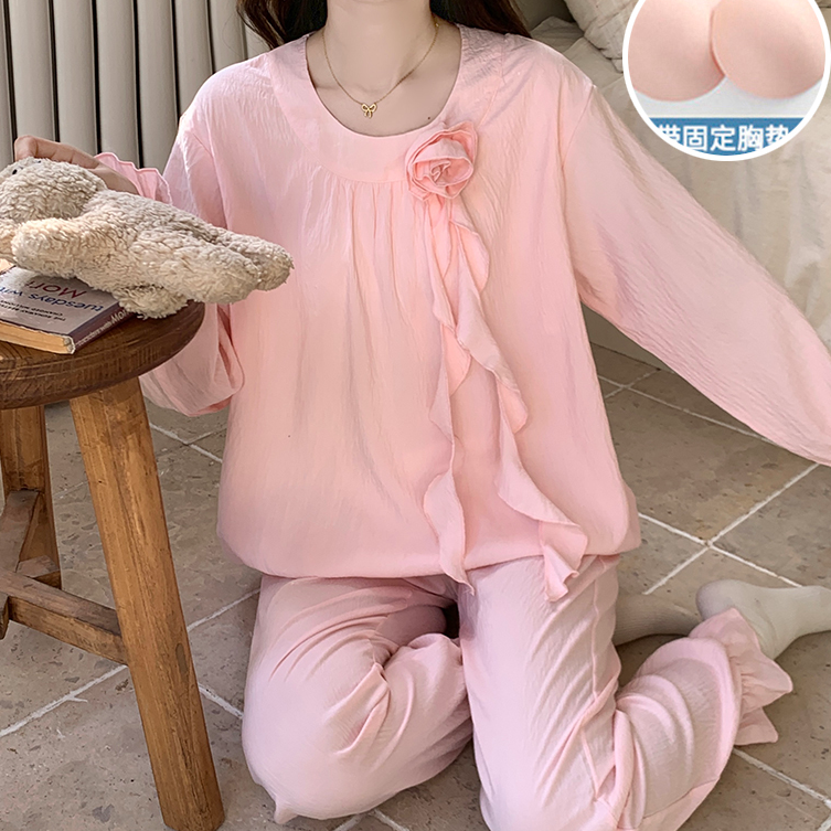 长袖睡衣女款春秋季带胸垫可防凸点甜美宽松可外穿冬天家居服套装