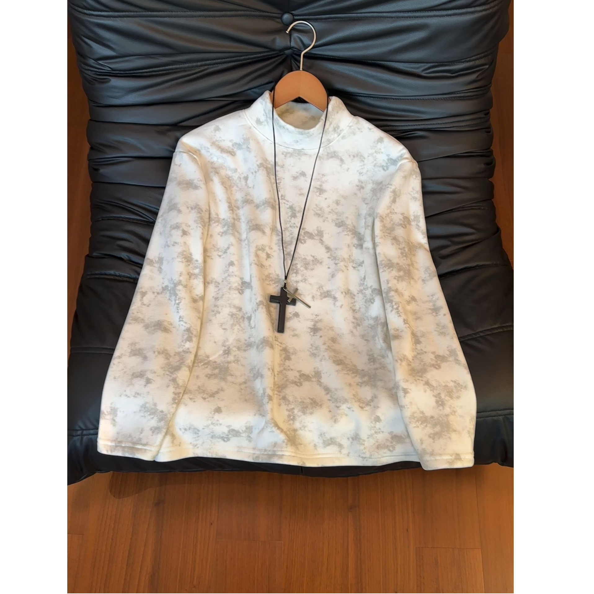 扎染加绒半高领德绒长袖卫衣T恤男款秋冬美式休闲纯色保暖打底衫