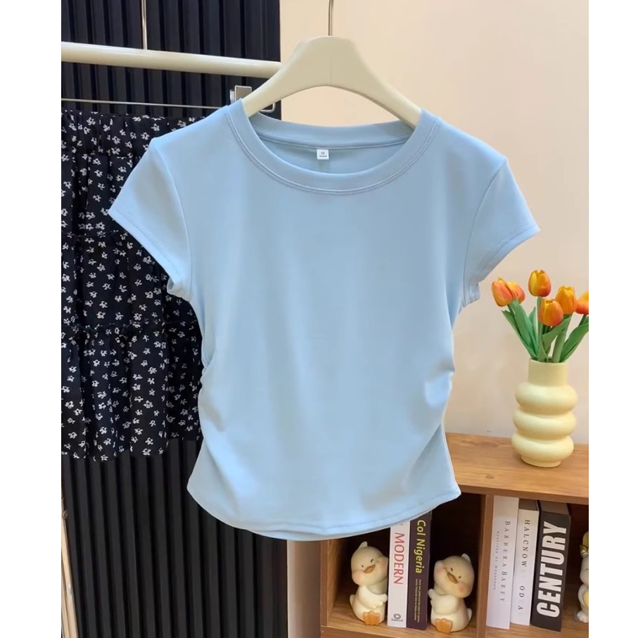 小个子奶蓝色多巴胺纯色T恤2025夏季抽褶掐腰显瘦正肩短袖上衣女