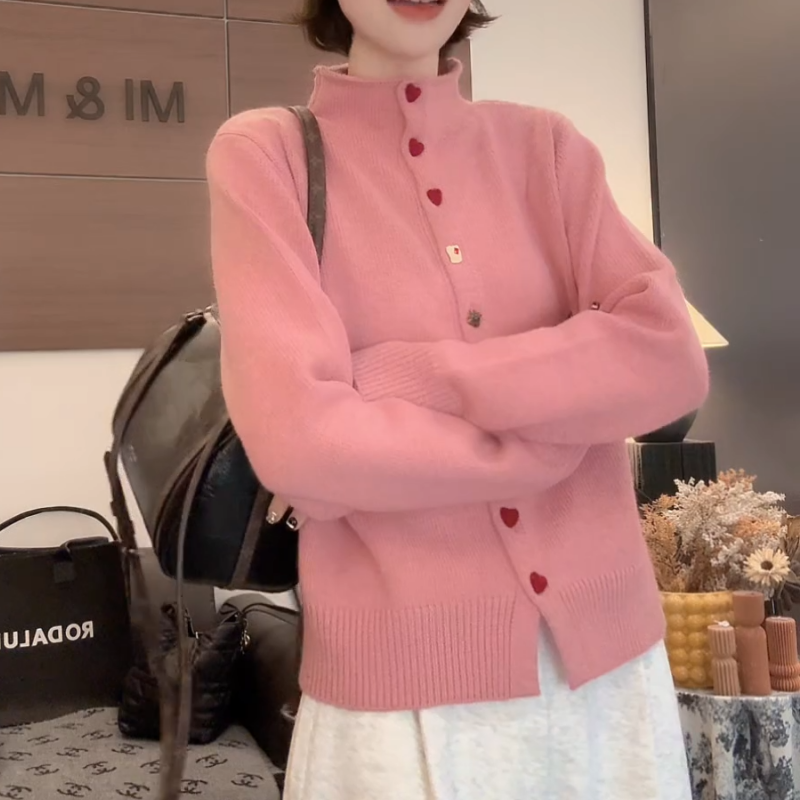 新款韩版百搭修身显瘦时尚纯色立领爱心扣针织开衫上衣LK2509137