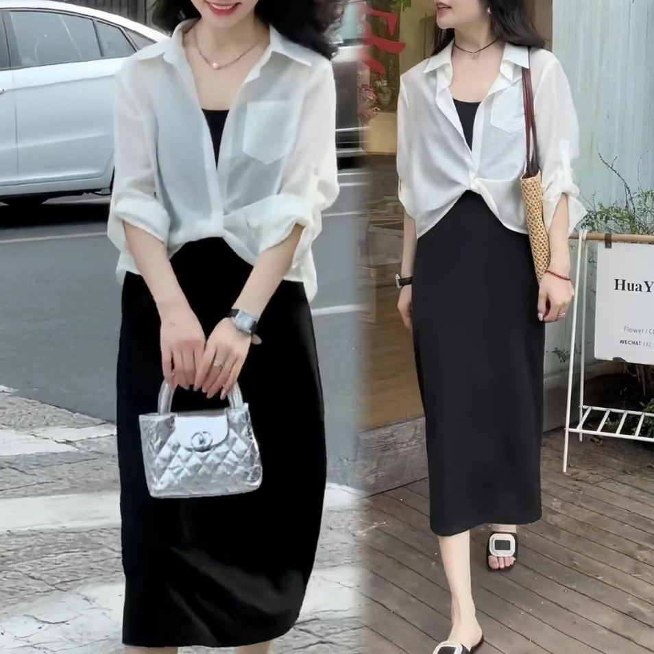 时尚休闲韩版气质显瘦吊带裙两件套女2025新款夏季胖妹妹遮肉套装