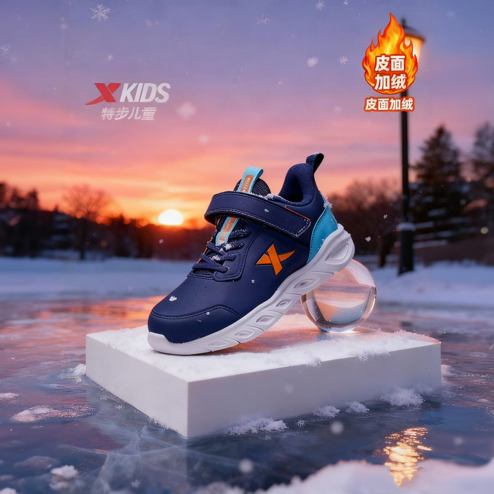 【加绒款】特步儿童冬季新款跑鞋大童魔术贴皮面运动鞋676416379802