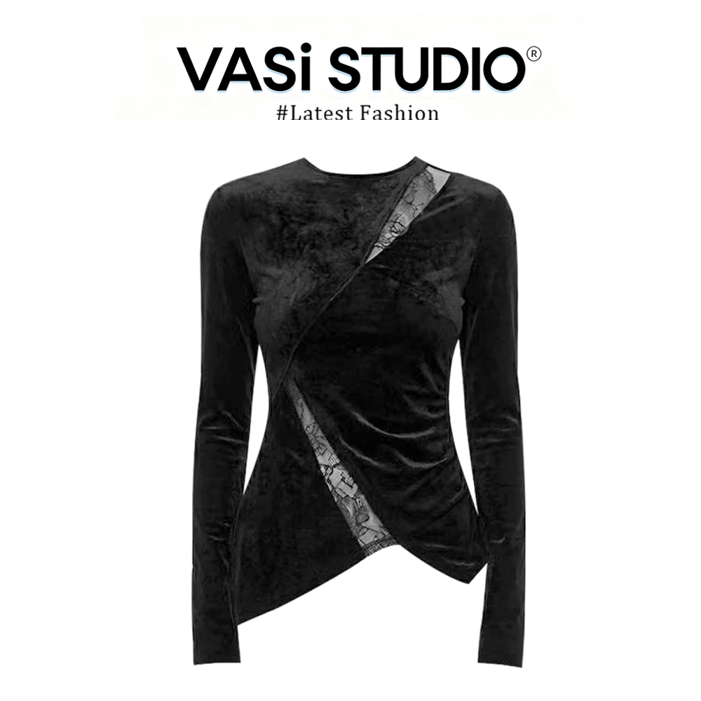 【同款性价比】黑色拼接不规则T恤女秋冬圆领套头显瘦气质上衣