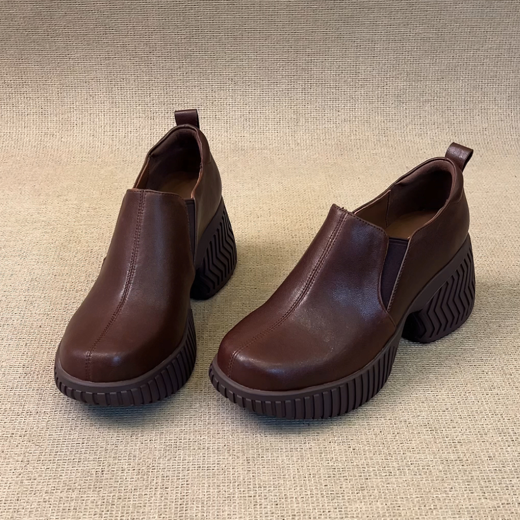 RubyL/8cm简约复古通勤百搭拼接一脚蹬圆头深口增高厚底单鞋女款