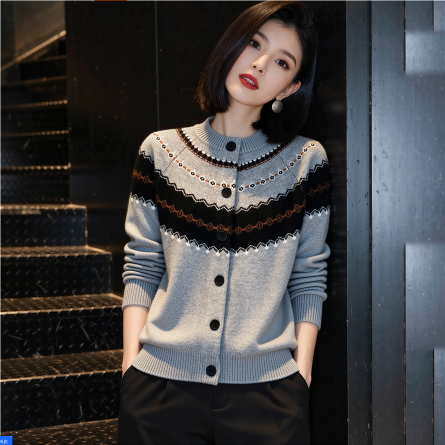 秋冬季新款圆领针织开衫女韩版宽松高级感毛衣秋季时尚提花外套厚