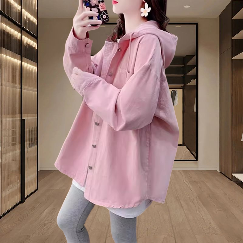 时尚休闲衬衣女款2025新款爆款宽松大码中长款连帽牛仔衬衫外套