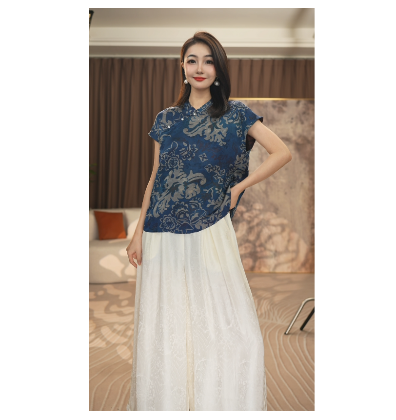 桑蚕丝香云纱新中式青花瓷小上衣Ms3