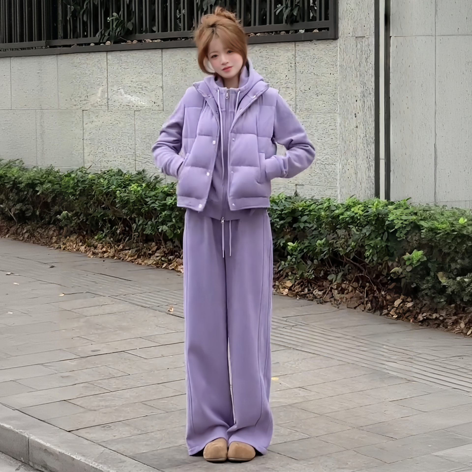 La babite时尚套装秋冬新款洋气加绒卫衣外套阔腿裤休闲三件套