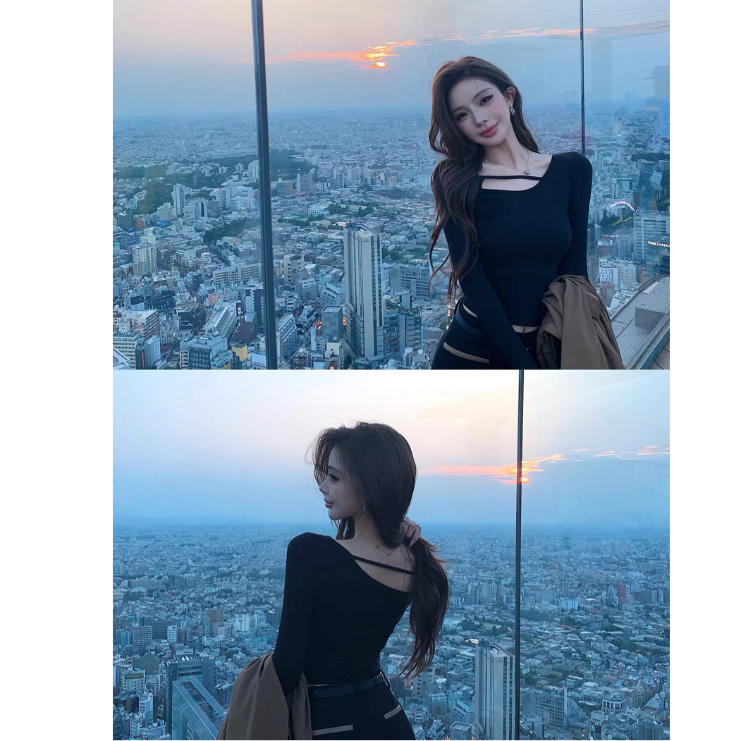 秋季辣妹性感穿搭斜肩短款上衣女高级感修身黑色长袖t恤打底衫女