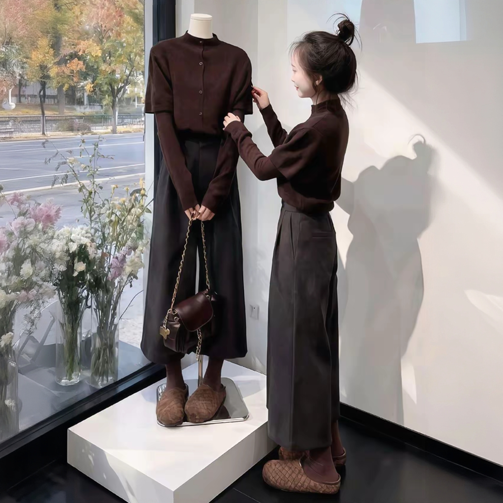 慵懒风休闲风时尚套装针织上衣港风复古咖色上衣阔腿裤套装裤子