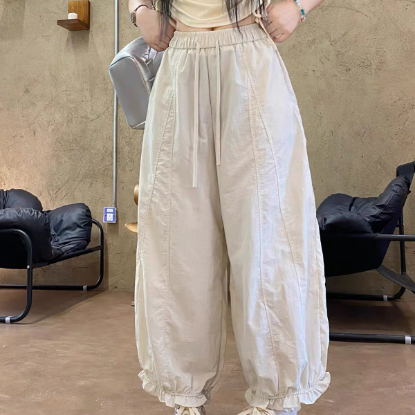 夏季阔腿裤女薄款2025新款宽松高腰显瘦木耳边九分花苞休闲裤