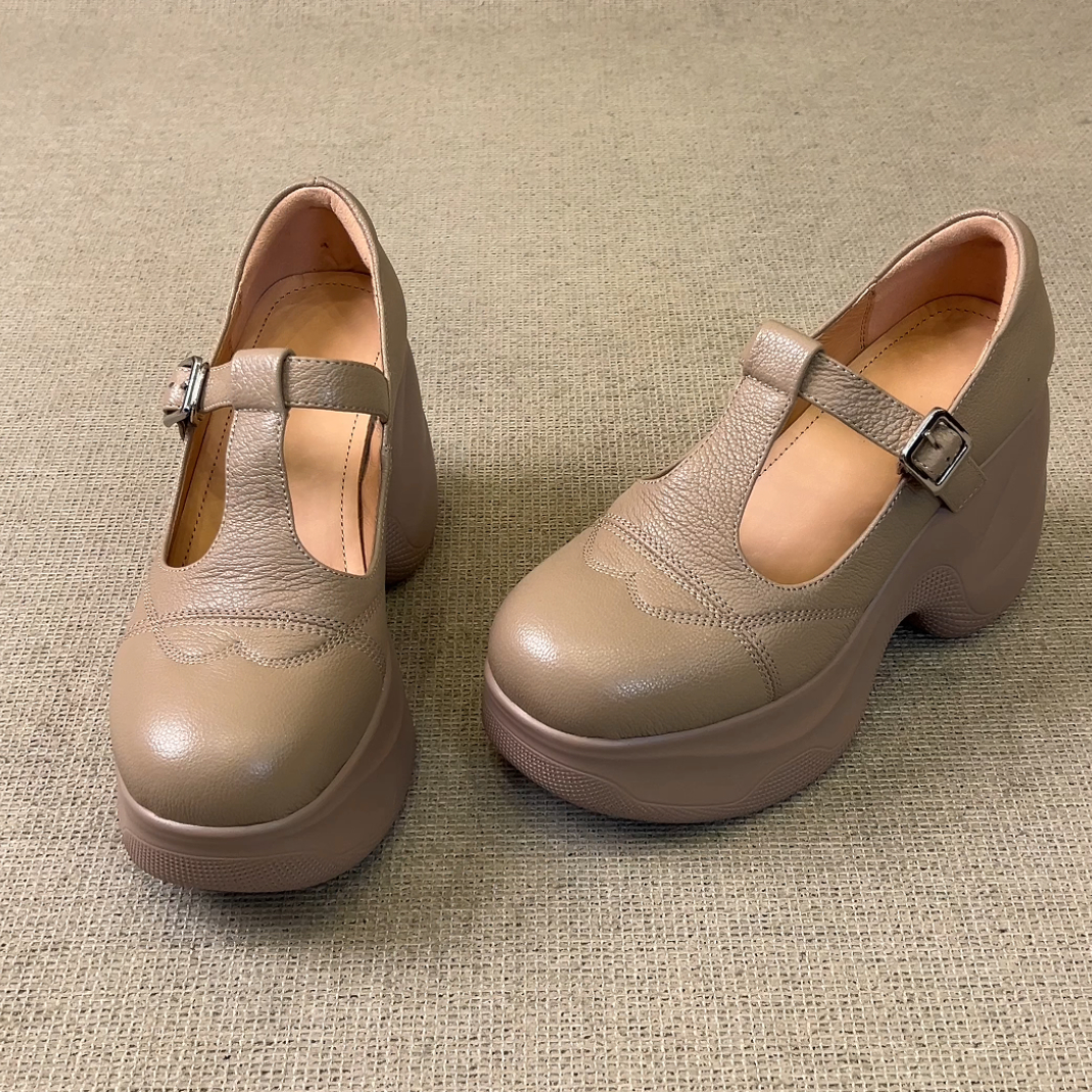 RubyL/9cm小个子简约通勤T型扣带圆头轻便厚底超高跟玛丽珍鞋女款