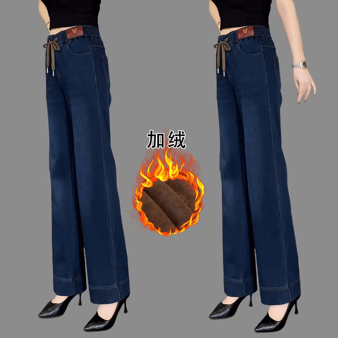秋冬新款 时尚加绒高腰抽绳显瘦窄版牛仔裤女休闲松紧腰直筒长裤