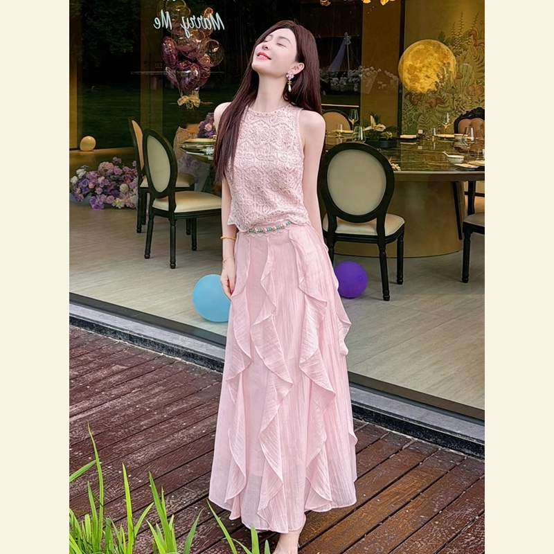 2025夏季慵懒气质套装女富家千金高级感粉色无袖上衣半身裙两件套