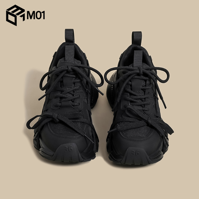 M01厚底老爹鞋女2025秋冬季增高港风重工复古黑色双鞋带运动鞋子