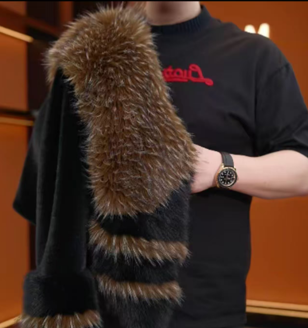 25188时尚走秀气质穿搭女士皮草外套黑色大毛领